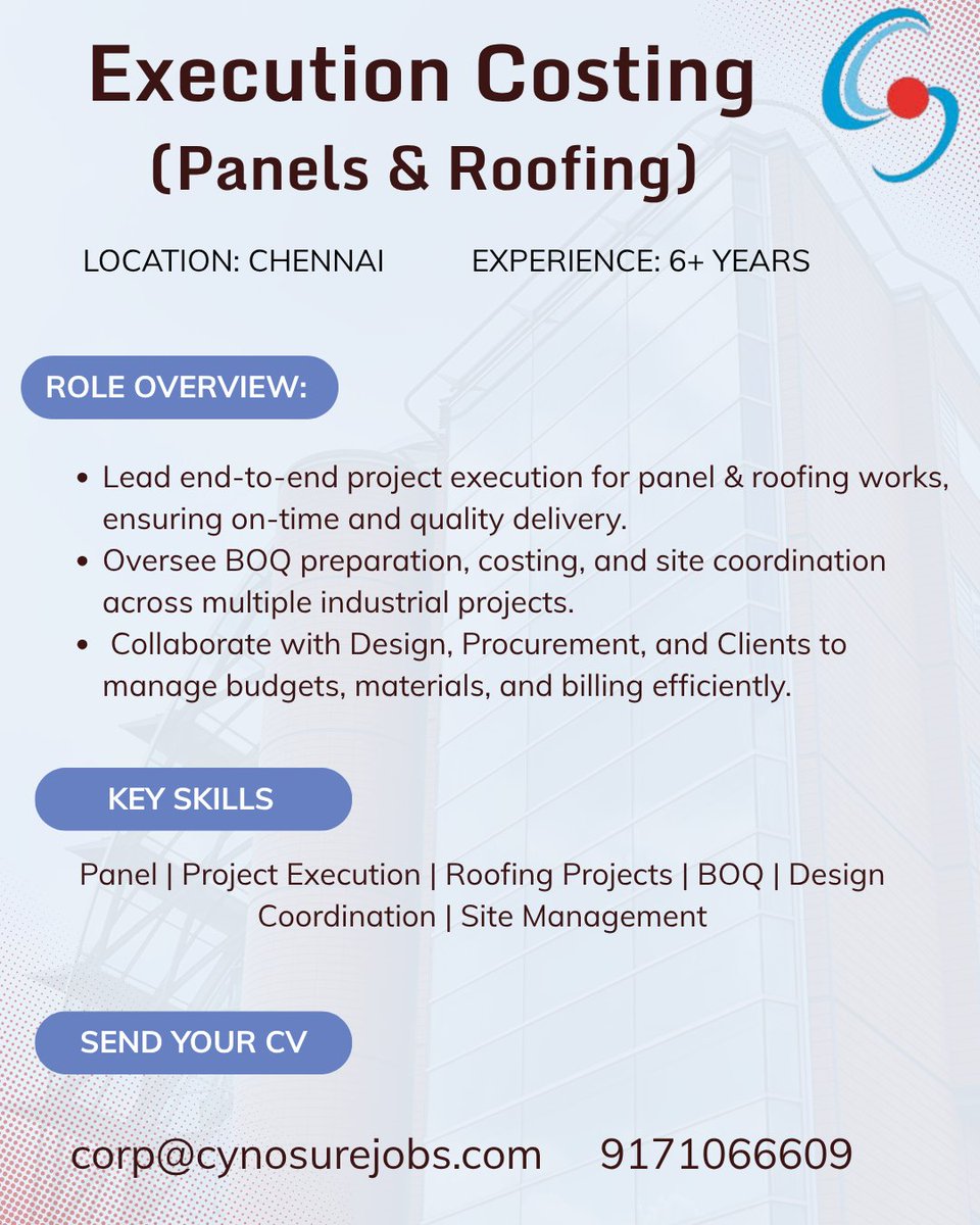 cynosurejobs's tweet image. Hello Everyone,

We are hiring an Execution Costing. 
Experience: 6+ years
Location: Chennai

Apply now: zurl.co/uFv2m 
Email: corp@cynosurejobs.com
Contact: 9171066609

#Panel #ProjectExecution #ProjectCoordination #RoofingProjects #jobs #cynosurecorporatesolutions