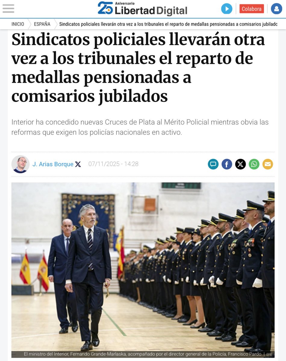 Sindicatos policiales llevarán otra vez a los tribunales el reparto de medallas pensionadas a comisarios jubilados, vía <a href="/libertaddigital/">Libertad Digital</a>

Interior ha concedido nuevas Cruces de Plata al Mérito Policial mientras obvia las reformas que exigen los policías nacionales en activo.