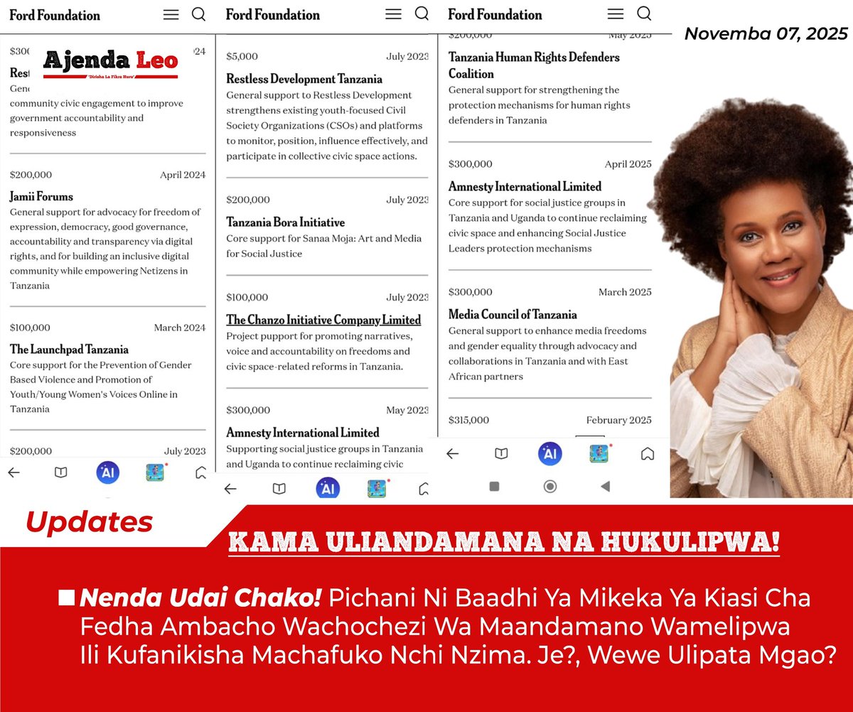 _zack255's tweet photo. Ford Foundation waabudu shetani wanawatumia Mange Kimambi na Maria Sarungi kutaka kuimaliza Tanzania kwa vita ya wenyewe kwa wenyewe

Kama hujawahi kusikia kuhusu The Ford Foundation ni kina nani labda nikueleze kidogo, Ford Foundation ni shirika linalojitanabaisha kama Taasisi ya kimataifa inayotoa misaada kwa asasi za kiraia. 

Shrika hili ni la wamarekani na makao makuu yake yapo katika jiji la New York.
Lilianzishwa na Edsel Ford mwana wa Henry Ford, mwanzilishi wa kampuni ya magari ya (Ford Motor Company) na 
Mkurugenzi Mkuu wa sasa (2025) ni Darren Walker.

Hawa jamaa wana kazi za siri ambazo hivi sasa baadhi ya watu wameanza kuwatilia shaka na kuwashitukia huku mtandao wao ukihusishwa kufanya kazi kwa karibu na Freemason ambapo wachunguzi wa mambo wanasema neno Ford lilitumika kama geresha tu na kuunganishwa na Foundation likaleta neno Ford Foundation lakini ukweli wa mambo uliojificha ni Freemason Foundation.

Huu ni mtandao wa siri unaotoa ufadhili wa mamilioni ya dola kwa asasi, wanasiasa na wanaharakati ambao kwa kujua au kutokujua huingia mkenge wa  kupokea fedha hizo na hatimaye husababisha vita na machafuko katika nchi zao wakitumia uratibu wa njia mbalimbali zikiwemo za mitandao ya kijamii kwa kuanzisha vurugu za kiasiasa na maandamano yenye mlengo wa kuleta machafuko.

Baada ya malengo yao kutimia ikiwemo kuigombanisha Serikali na wananchi wake, Ford Foundation huangalia rasilimali muhimu mlizonazo katika nchi,  wakati nyinyi mnauana na kupigana  wao huondoka na rasilimali hizo mfano madini.

Katika baadhi ya nchi zinazotajwa ambazo Ford Foundation imefanya ufadhili wa kusababishia ghasia, vita, machafuko na umwagaji mbaya wa damu ni kama ifuatavyo;

1. Sudan (2019)  Ford Foundation  ilitumika kwa siri kuchochea mgogoro ambapo waliwafadhili waandamanaji  dhidi ya Serikali ya Omar al-Bashir, ukazuka mzozo kati ya waandamanaji na Serikali na matokeo yake Jeshi liliing’oa madarakani Serikali. Baada ya hapo, raia walilipinga tena jeshi baada ya kuona haikuwa vile walivyokuwa wakidhani mwanzo kwamba wanakuja kupatiwa ukombozi,  matokeo yake yamezuka mapigano makubwa kati ya jeshi lililochukua nchi (SAF) na vikosi vya RSF. Leo, Sudan haikaliki ipo katika vita vya wenyewe kwa wenyewe na maelfu ya watu wameuawa.

2. Myanmar (Burma, Februari 1, 2021 ) inasemekana Ford Foundation ilijipenyeza mpaka jeshini, ilifadhili uasi na hatimaye 
Jeshi lilifanya mapinduzi dhidi ya Serikali, wananchi hawakukubali mapinduzi hayo wakaandamana,  kukazuka maandamano ya wananchi kulipinga jeshi hilo na baadae waandamanaji  wakaanzisha vikundi vya kujilinda (PDF). Sasa hivi ni vita kamili kati ya jeshi na raia ambapo maelfu ya watu wamekufa.

3. Ford foundation haikuishia hapo, ndio 
iliyochochea machafuko nchini Ethiopia; inasemekana Ford Foundation ndio ilikuwa chanzo cha (Tigray War, 2020–2022) ambapo
Serikali ya Abiy Ahmed ilituma jeshi dhidi ya viongozi wa eneo la Tigray ambamo Ford Foundation ilitia pesa ndefu na hatimaye ikazuka Vita vya wenyewe kwa wenyewe na kusababisha vifo vya zaidi ya watu 600,000.

Kwa sasa Ford Foundation limeweka makao yake makuu kwa ukanda wa Afrika Mashariki nchini Kenya ambapo ofisi zao zipo kwenye jengo la
International Life House, 5th Floor
Mtaa wa Mama Ngina  wakitumia anuani ya Posta 41081-00100 Nairobi, Kenya. 

Jiulize kwanini wapo Kenya? Hawa jamaa wameweka makao yao makuu kwa Ukanda wa Afrika Mashariki nchini Kenya lengo likiwa kufanya uratibu wa karibu kwa nchi za Kenya, Uganda na Tanzania.

Machafuko na vurugu zinazotokea mara kwa mara nchini Kenya imegundulika kwamba Ford Foundation ndio inahusika kwa kiasi kikubwa na vurugu hizo kwa kufadhili fedha nyingi kwa vikundi vya vijana maarufu kama GenZ lengo likiwa  nchi hiyo iwake moto zaidi. 

Leo hii kwa nyaraka zilizovuja Ford Foundation ndio inawatumia Mange Kimambi akiwa Marekani, Sativa na Maria Sarungi wote wakiwa Kenya. Wanaharakati hawa ndio kwasasa wamekuwa wakilipwa fedha nyingi ili kutumia ushawishi wao wa mitandao ya kijamii