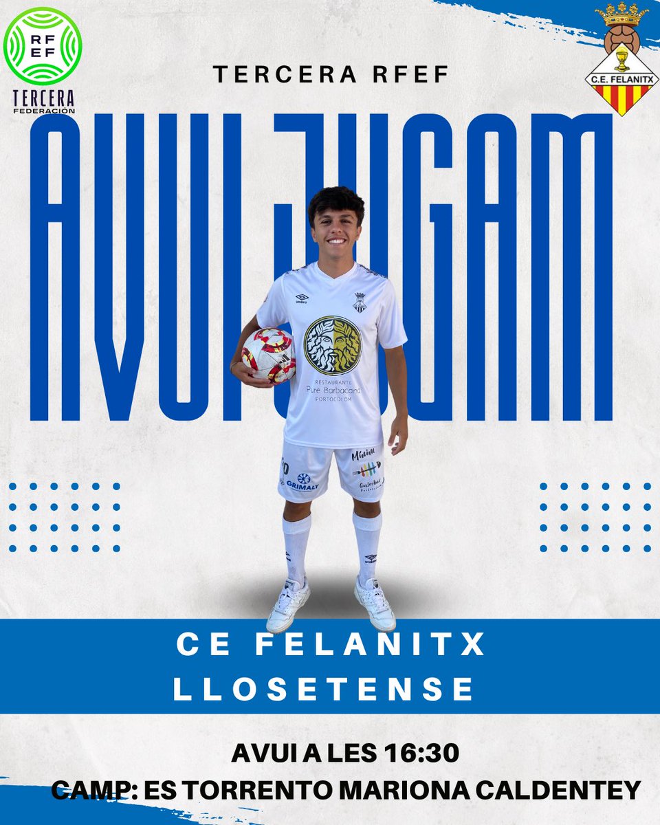 cefelanitx's tweet image. 𝗔𝗩𝗨𝗜 𝗝𝗨𝗚𝗔𝗠! 

👉 Jornada 10 - Tercera RFEF 

🆚 @cdllosetense ⏰ 16:30 

🏟️ Es Torrentó - Mariona Caldentey 

💥 Nova jornada a casa i nou repte de intentar sumar els 3 punts en joc. 

🤍 Vos esperam 𝓯𝓮𝓵𝓪𝓷𝓲𝓽𝔁𝓮𝓻𝓼/𝓮𝓼 ! 

#vamosfela #orgullfelanitxer