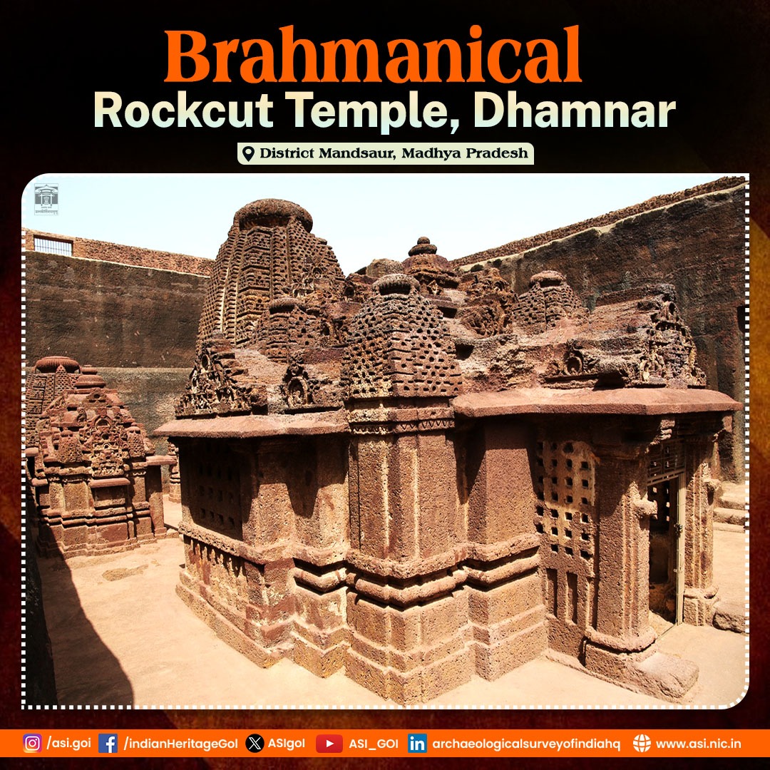 UntoldMP's tweet photo. Brahmanical Rock-Cut Temple at Dhamnar, Mandsaur (MP) -  an ancient marvel carved from solid rock! 🛕

Also known as Dharamarajeshwara Temple, it dates to the 8th–9th century CE.. a golden era of temple architecture. ✨ https://t.co/NOW15t4udI