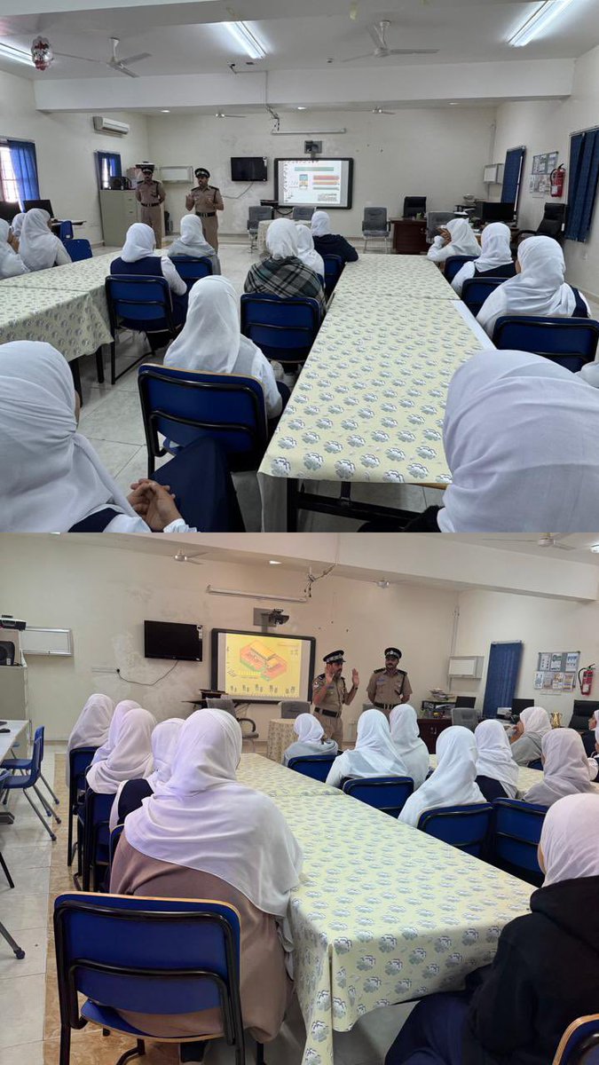 قدّمت شرطة عُمان السلطانية ورشة توعوية بعنوان “السلامة المرورية في الحافلات المدرسية” لطالبات مدرسة ثمريت للتعليم الأساسي يوم الأربعاء ٥ نوفمبر ٢٠٢٥م، قدّمها الرقيب أول مهنا بن محمد الغريبي والرقيب أحمد بن صالح البلوشي، تعزيزًا لثقافة السلامة بين الطالبات.
