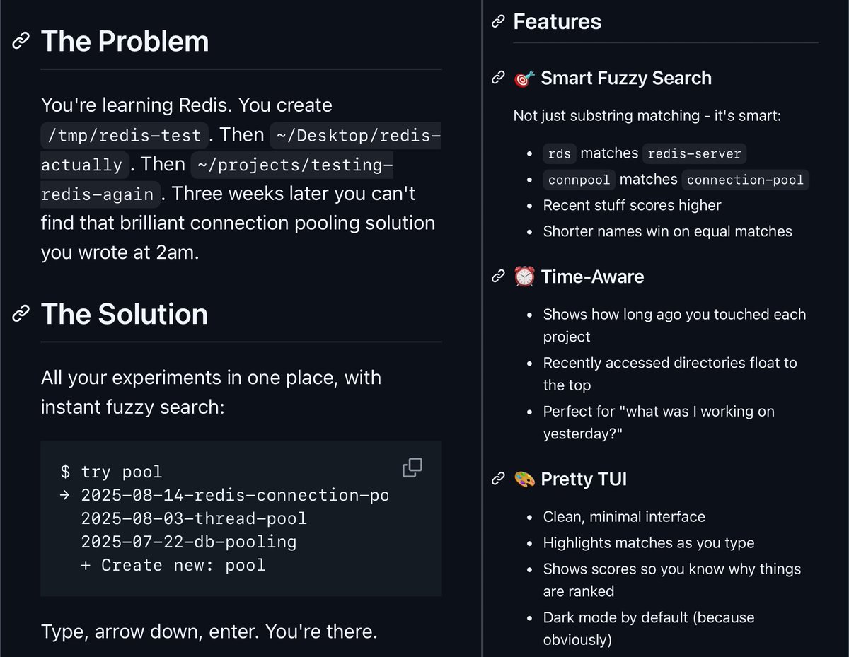 deedydas's tweet image. You gotta love how Tobi, a $10B+ founder of Shopify, took time out of his busy day to build one of the neatest, most useful command line tools ever, “try”.

When engineers stay true to their roots despite all their success, it’s beautiful to see.