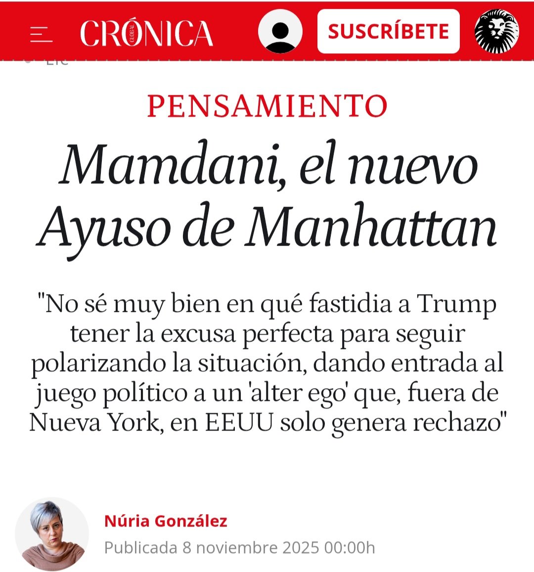 "Te dicen con sonrisa pintada que “había que votar a Mamdani para fastidiar a Trump”, que es la versión agringada de la españolada “al menos no gobierna la derecha."

Mi ✍️ vía <a href="/cronicaglobal/">Crónica Global</a> 
cronicaglobal.elespanol.com/pensamiento/20…