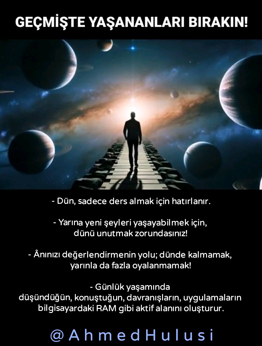 Günlük yaşamında düşündüğün, konuştuğun, davranışların, uygulamaların bilgisayardaki RAM gibi aktif alanını oluşturur.
Bu alana geçmişi sokmamak lâzım. Çünkü tekrar ettikçe geçmişi, o geçmiş geçmişten çıkar "ân" olarak yeniden orada yerini alır. 

AhmedHulusi.org/tr/video/gecmi…