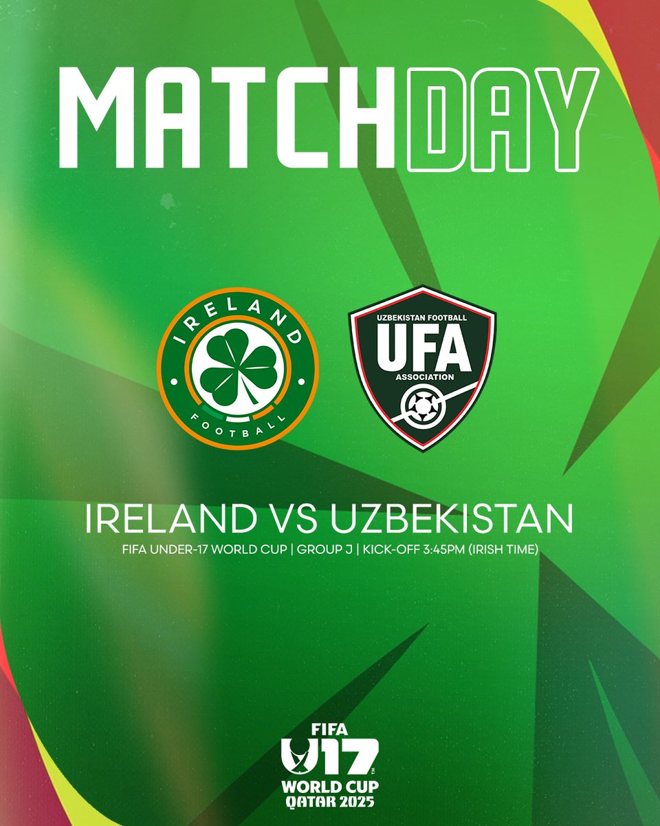 𝗪𝗼𝗿𝗹𝗱 𝗖𝘂𝗽 𝗠𝗮𝘁𝗰𝗵-𝗗𝗮𝘆 🌍🏆

We face the Asian Cup Champions in Doha ☘️

🇮🇪 vs 🇺🇿 
🏆 FIFA U17 World Cup 
📍Aspire Zone, Doha, Qatar
⌚️3.45pm (Irish time)
📺 Live on RTÉ2

#COYBIG | #U17WC