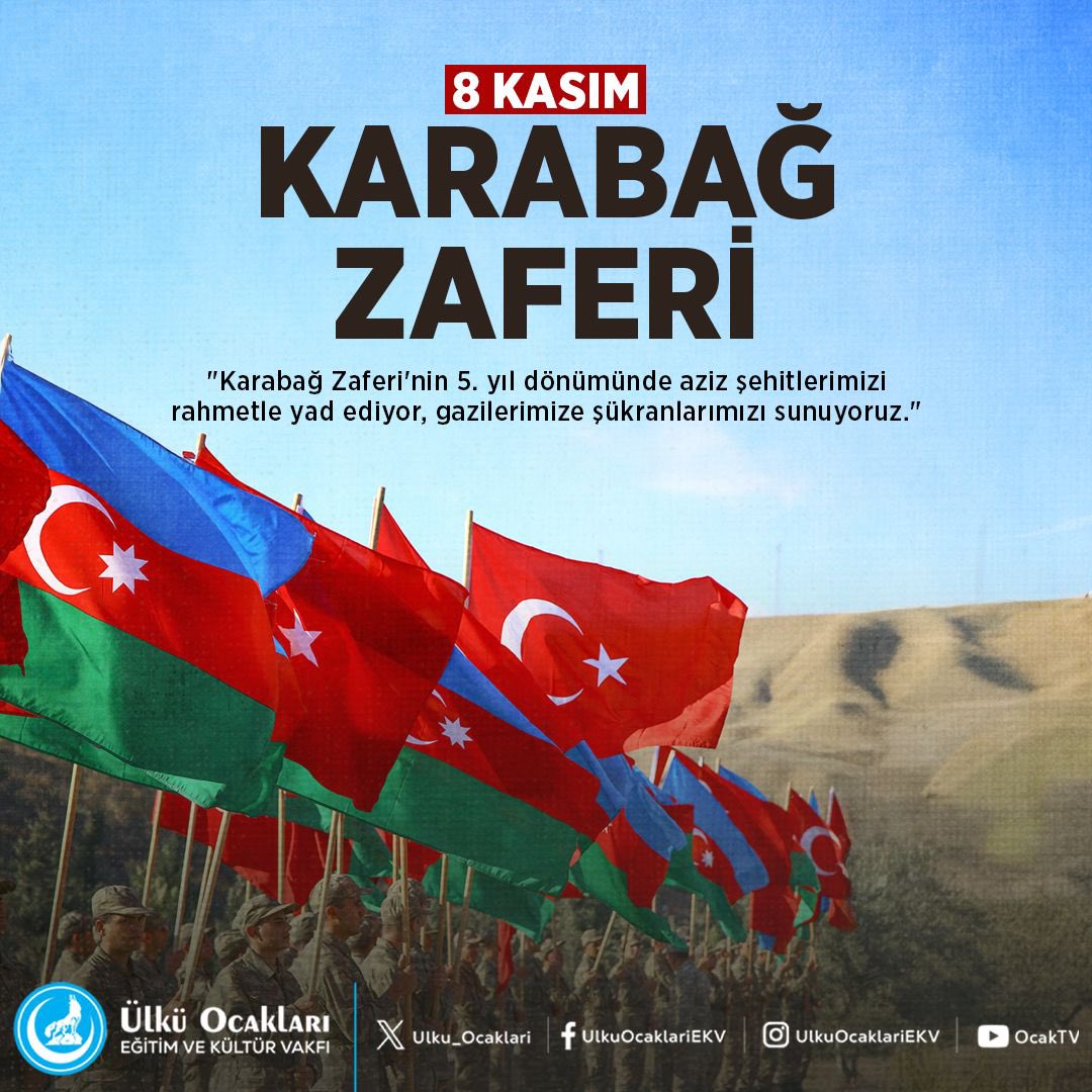 Karabağ Zaferi’nin 5. yıl dönümünde şehitlerimizi rahmetle anıyor, gazilerimize şükranlarımızı sunuyoruz.

8 Kasım Karabağ Zaferi Kutlu Olsun!🇹🇷🇦🇿