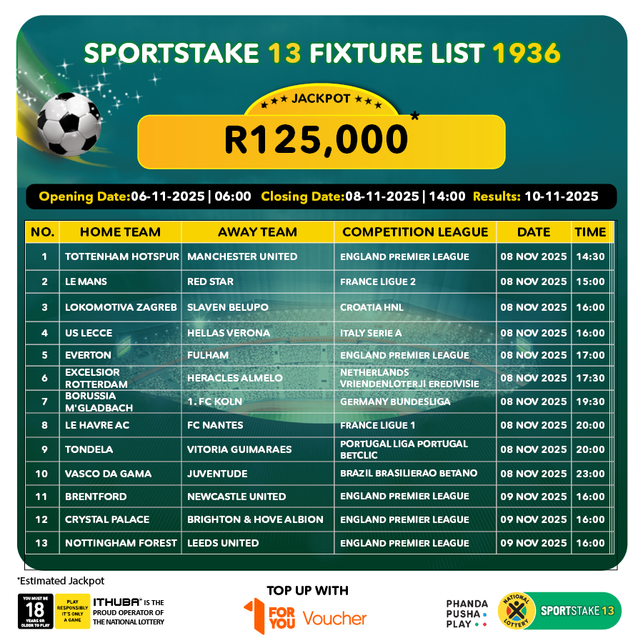sa_lottery26's tweet photo. Dribble your way to #InjaYeGame status by playing #SPORTSTAKE13 Fixture List 1936 for an estimated jackpot of R125,000 TODAY! The Fixture List closes @14:00. Play #SPORTSTAKE games NOW!!! https://t.co/9okWl4oLxs