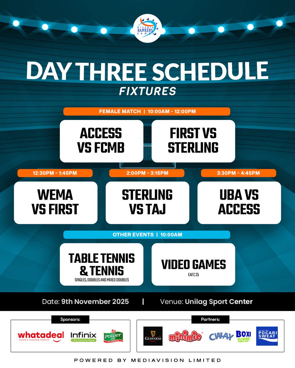 Game day loading... ⚽🎮🎾  
DAY 3 of the Nigeria Bankers Games is packed with fire matchups and epic showdowns!  

From female football clashes to table tennis battles and video game face-offs, it’s going to be back-to-back action!!