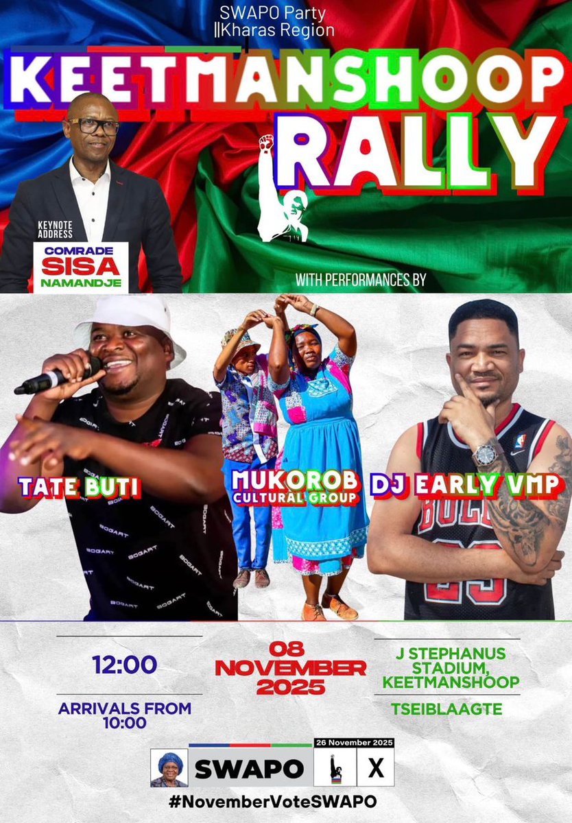Keetmanshoop stands ready! 💙♥️💚
Join us today at J. Stephanus Stadium, Tseiblaagte — SWAPO Mini Rally | Keynote: Cde Sisa Namandje
🕛 12:00 | Arrivals from 10:00
#SWAPO #Keetmanshoop #NovemberVoteSWAPO ✊🏿