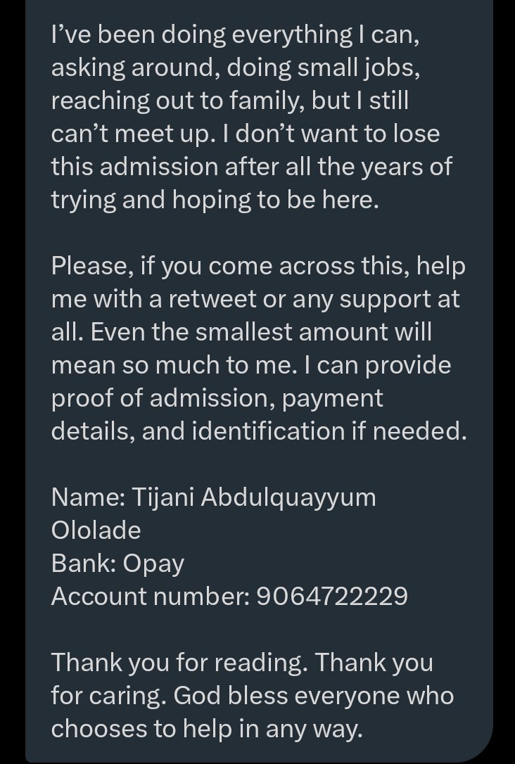 Good morning everyone. If you have the means, let's help this brother out please. He needs 154k in order not to lose his admission. He shared his school page with me and I confirmed it. Please, help if you can. Thank you