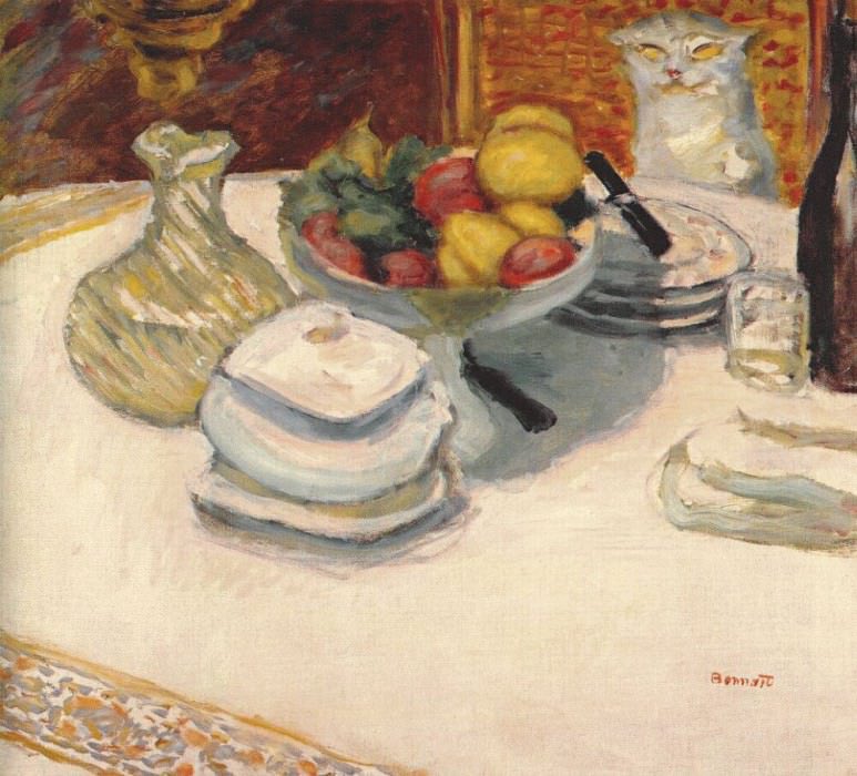 FrankMalfitano's tweet image. PAINTING OF THE DAY: STILL LIFE WITH CAT, circa 1924 by #PierreBonnard #painting #stilllife #1920s #FrenchArtist #postimpressionist #greatartist