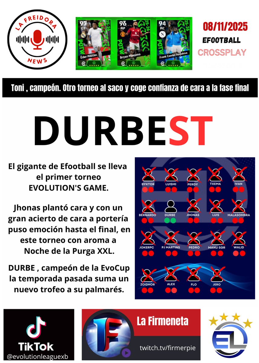 Enhorabuena a <a href="/durbe88/">Toni</a> , campeón de la primera edición del torneo EVOLUTION'S GAME #eFootball2026 <a href="/EvolutionLeagu3/">Evolution League</a> <a href="/PowerGuanxe/">PowerGuanxe</a> <a href="/FIRMERPIE/">FIRMERPIE</a> <a href="/lobatoabel/">Abel Lobato Ramos</a> <a href="/GayaBernabe/">Bernabe Jordán Gaya</a> <a href="/JokerPc4/">JokerPc</a> <a href="/Malasombra21/">Malasombra</a> <a href="/VictorAbog18/">Victor Orellana ⚖️</a>