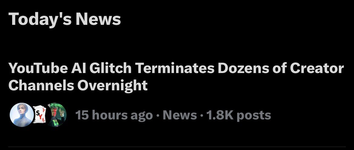 Finally getting the attention it deserves! But we can’t let up now we need to get <a href="/TeamYouTube/">TeamYouTube</a> attention! I’m a victim of their AI false terminations and so are thousands of others. Livelihoods are being ruined. We will be heard!