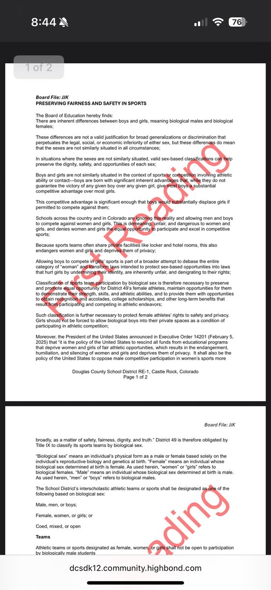 Days after Douglas County voters mandated they were not in favor of school board candidates who ran almost entirely on “men in girls sports”, the outgoing conservative board tries a Hail Mary policy on the agenda. Couldn’t even remove D49 from the draft language. <a href="/KyleClark/">Kyle Clark</a>