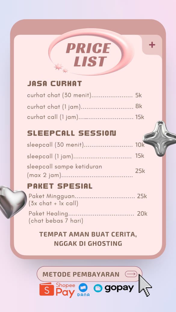 talking_nay's tweet photo. Haiiii, aku hari ini udh buka jasa curhat yaa

buka jasa curhat &amp; sleepcall mulai 5k 🫶
💬 chat / call / sleepcall
🌙 privasi aman
☎️ fast resp: https://t.co/vnhmpjW69d / DM

kadang kamu cuma butuh didengerin, bukan disalahin 🤍
#zonauang #sleepcall #jasacurhat https://t.co/7fMC3Ql5yr