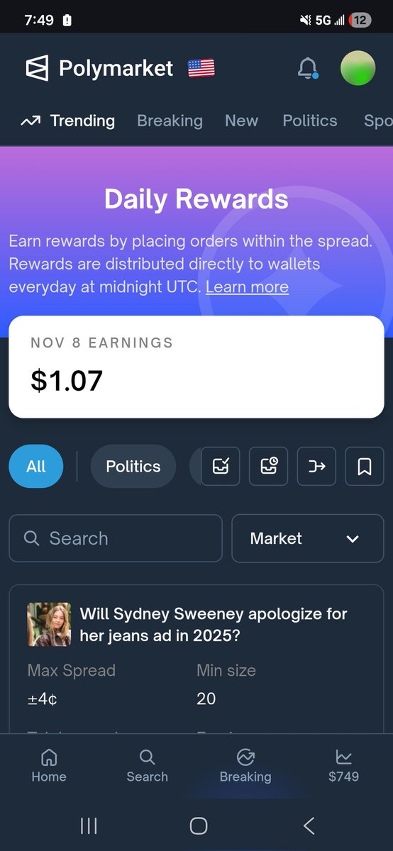 My first dollar reward on polymarket! Bit of a battle to get even this much