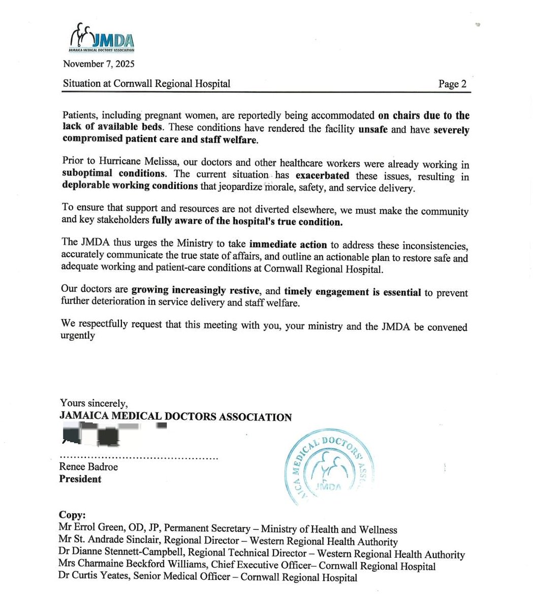 FULLL  TEXT: There is more worry about the health sector in western and southern Jamaica following the passage of #HurricaneMelissa. The Jamaica Medical Doctors' Association has written to  Health Minister <a href="/christufton/">Dr. Chris Tufton</a> telling him that doctors are growing increasingly restive.