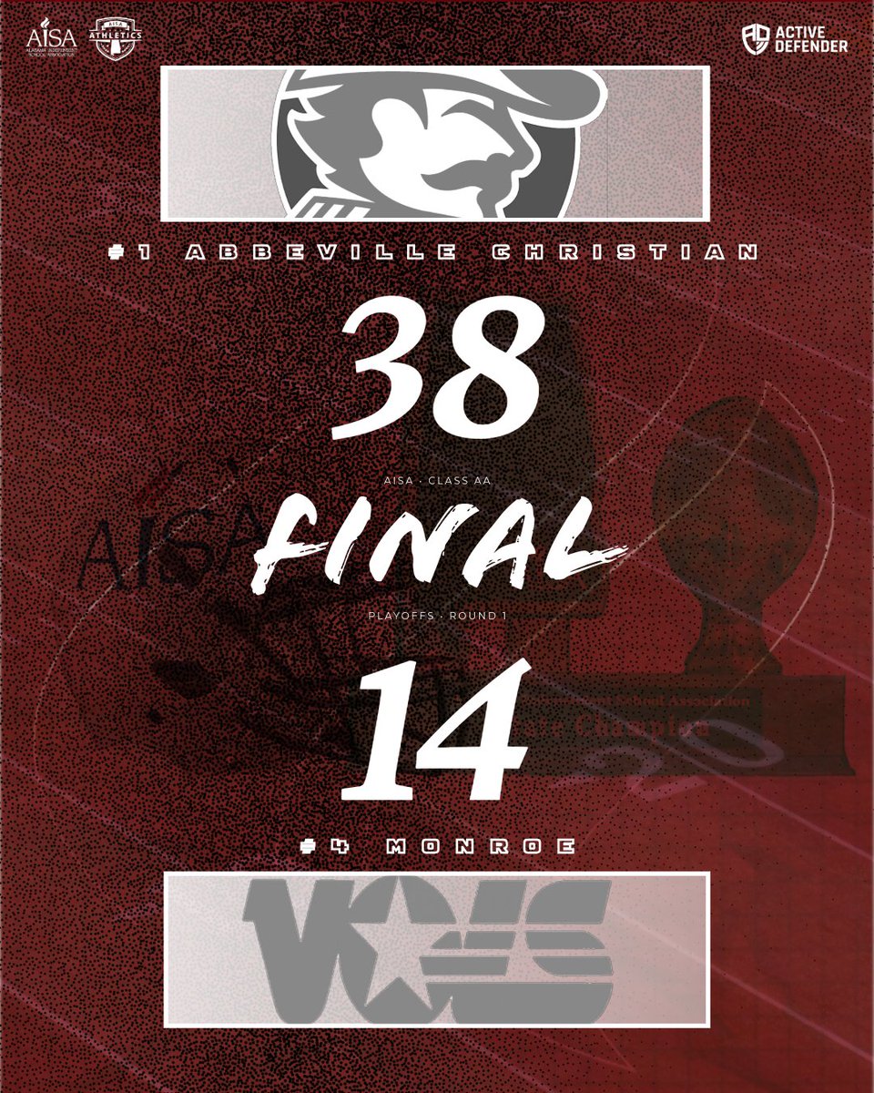 AISAathletics's tweet image. Class 🇦🇦/🇦🇦🇦 final scores from Round 1️⃣ of the AISA football playoffs, brought to you by @active_defender !

Semifinal games will take place Thursday, Nov. 13. Higher seeds hosts. #AISAFootball #AISA #AISAathletics