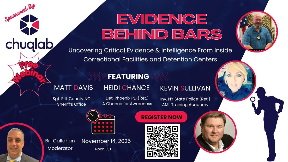 Are you in #lawenforcement #corrections Join us. Evidence Behind Bars webinar for LEOs, investigators and analysts. #police #jail law enforcement. #fbi #hsi #nypd #lapd