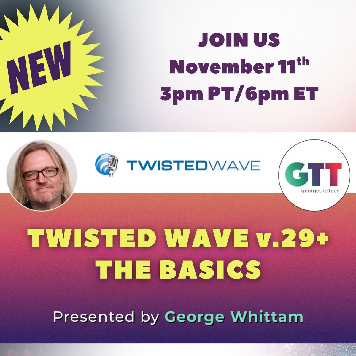 A few more days to sign up for our new TwistedWave webinar! Register for the Basics and use code TWISTED50 to get 50% off the Advanced webinar on Nov 20th at georgethe.tech/webinars  (replays available!) #Audio #AudioProduction #Voiceover