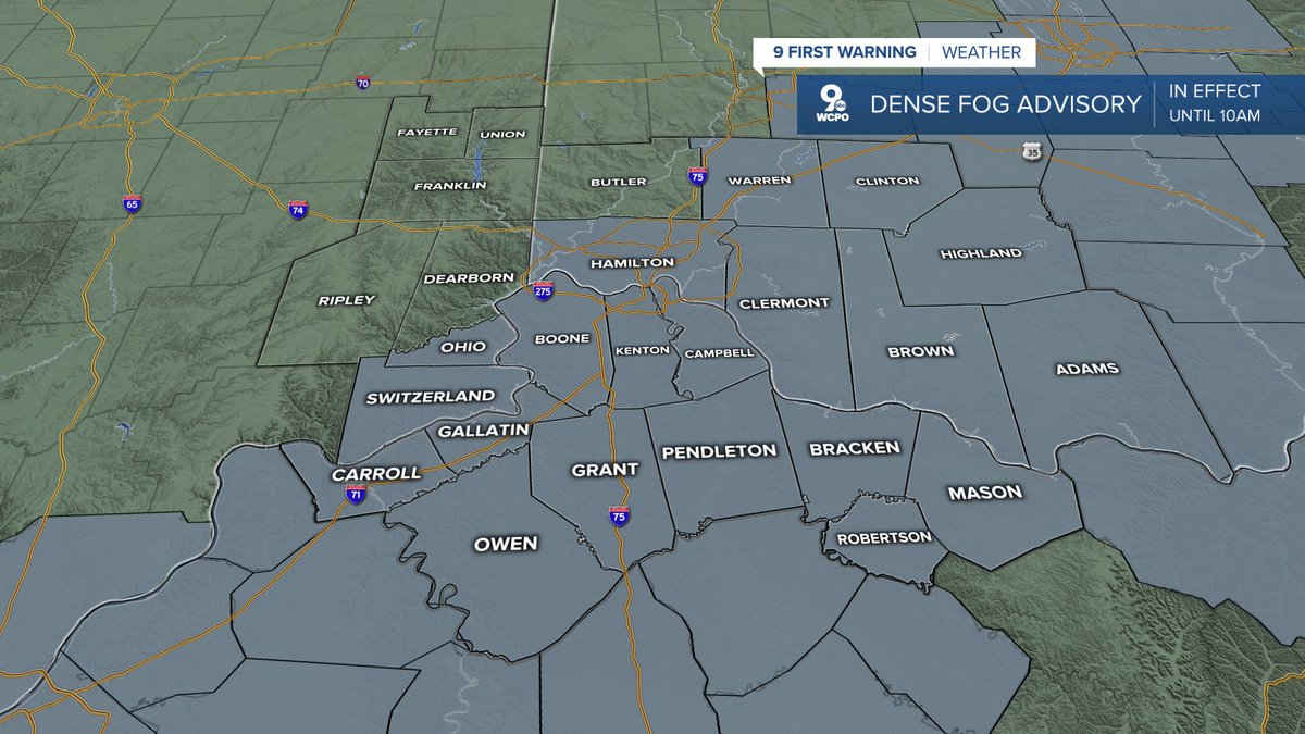 9 First Warning: Dense Fog Advisory is out until 10am for the shaded counties. Visibility is down to 1/8 mile in spots. Take care now and in the morning. @wcpo