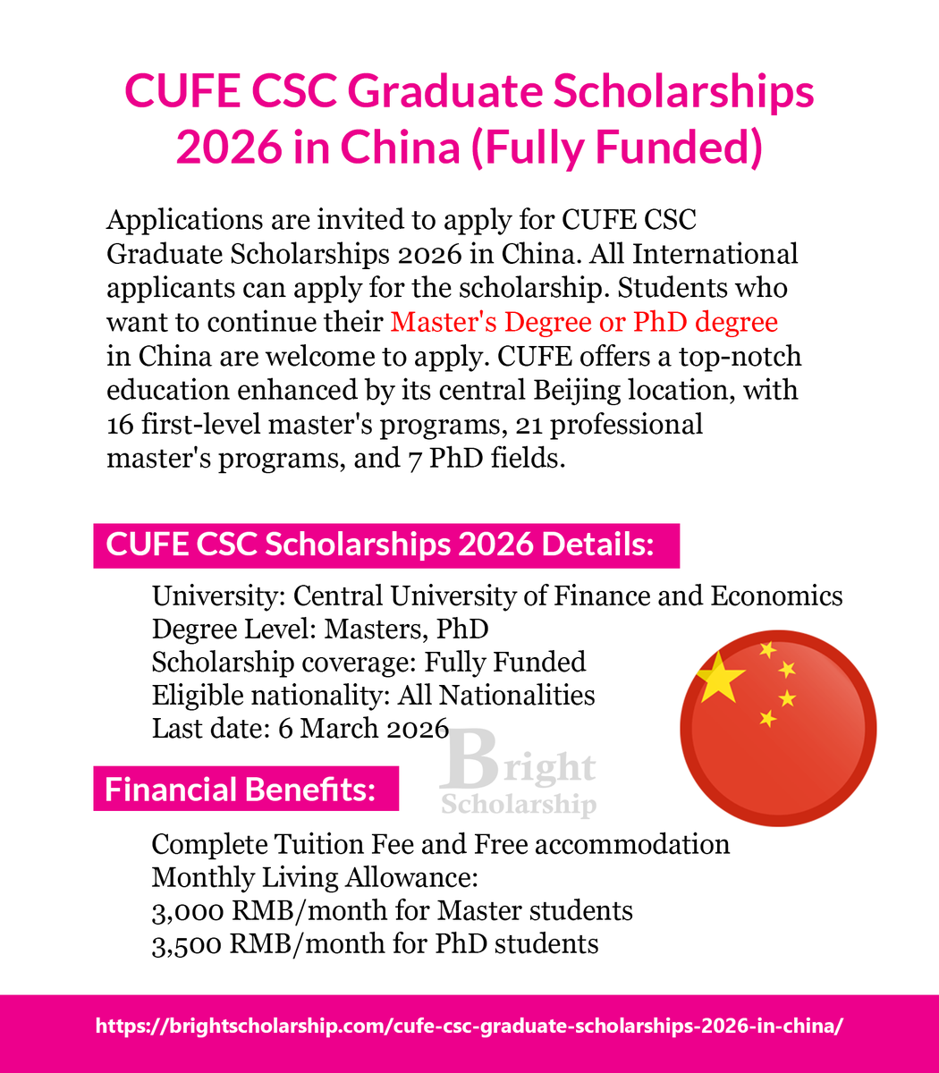 BrightSship's tweet photo. CUFE CSC Graduate Scholarships 2026 in China (Fully Funded)

Degree Level: Masters, PhD
Last date: 6 March 2026

Apply Link: https://t.co/sM5QRrLNpy

#BrightScholarship #FullyFunded #Scholarship #China #Students #studyabroad #study #studyinChina #MastersinChina #PhDinChina https://t.co/1035w0uZ9V
