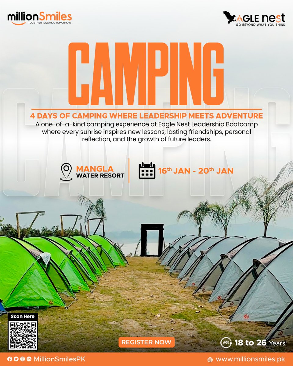 MillionSmilesPK's tweet photo. Camp. Connect. Conquer. Are YOU ready to SOAR?
پرواز ابھی باقی ہے، آسمان اور بھی ہیں!
ARE YOU READY TO JOIN THE NEST?
Register Now: https://t.co/OxqYCG90O1
Eagle Nest – Where Leaders Soar Higher!
#EagleNest #Leadership #Wellness #MillionSmiles #LeadershipBootcamp https://t.co/Anid7QM0Rm
