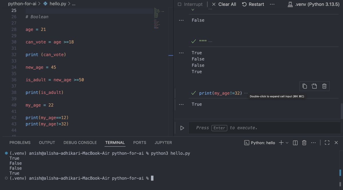 iAnishAdhikari's tweet photo. Day 3 of learning #Python for #AI 🤖🐍

✅ Booleans &amp; Conditional Logic (==, !=, >=, <=)
✅ Working with #Data
✅ Logical operators – and / or
✅ #StringManipulation with f-strings
✅ String methods: .lower(), .upper(), .title()
✅ Control flow with IF statements https://t.co/HvaNSFBzbR