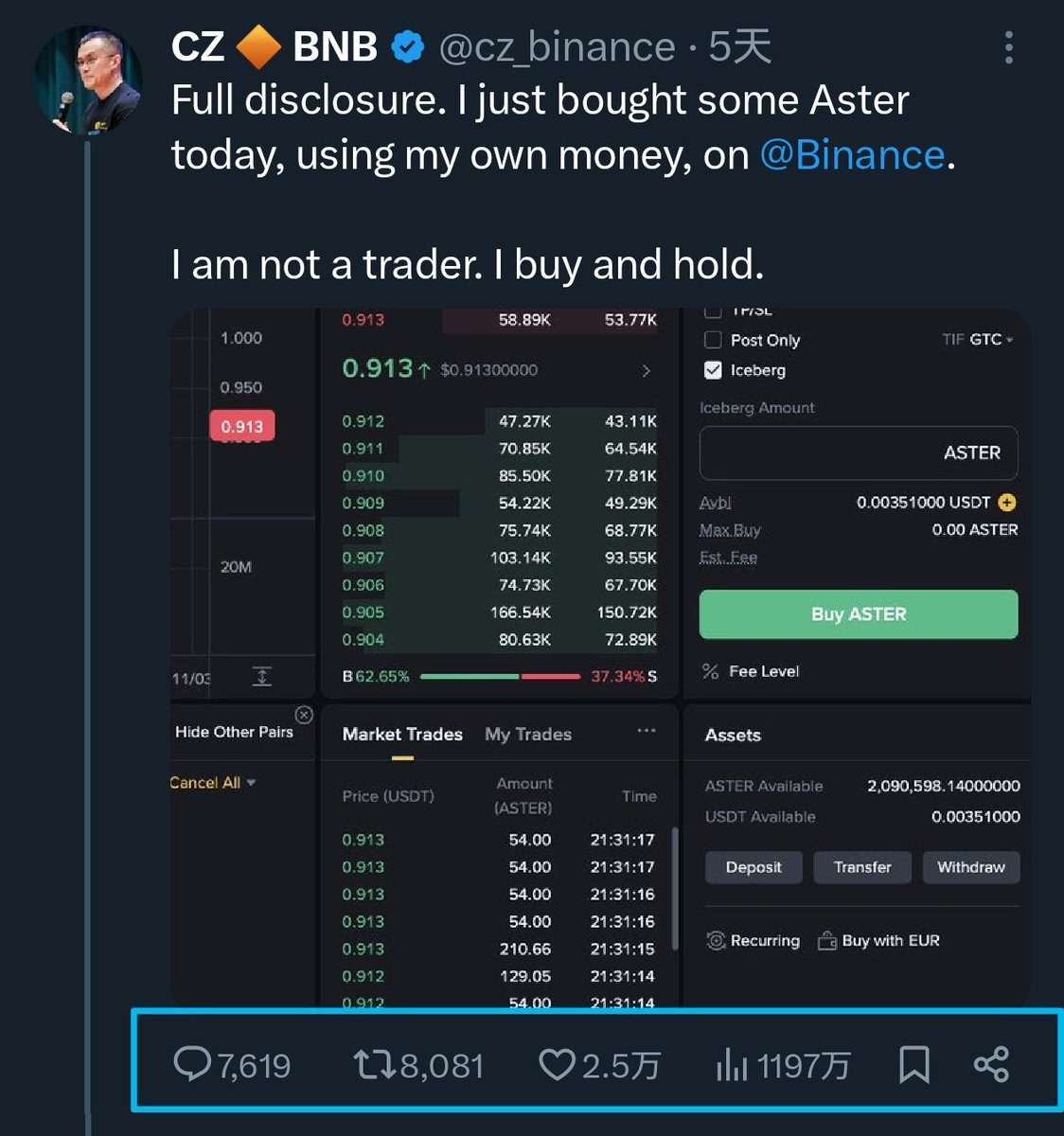 回头发现了一个有趣的现象～
Naval 喊单 $ZEC 后，ZEC后续走出了主升浪；
CZ 喊单 $Aster 后，Aster只有一般的波动。
而前者的曝光率明显低于后者...
那是CZ喊单没用吗？不是，君不见前面CZ恭喜Aster的时候，Aster也走出了主升浪。
我想说的重点内容在现象背后➤主力资金在不同时和势之后的倾向性～