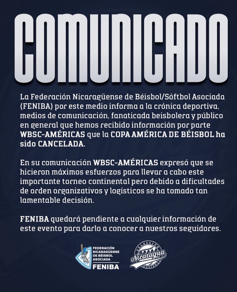 JCDefutbol's tweet photo. UN FRACASO MÁS NO IMPORTA?
@JoseRaulMulino 
La Copa América de Béisbol 2025, que representaría la decimosegunda edición del máximo torneo de selecciones de béisbol en América y la primera bajo la actual denominación de Copa América de Béisbol de la Confederación Panamericana de Béisbol, estaba programada para disputarse del 13 al 22 de noviembre de 2025 en Panamá.
Sin embargo, debido a inconvenientes operativos y logísticos atribuibles a una deficiente gestión de los funcionarios DE PANDEPORTES, el evento ha sido cancelado, lo que una vez más deja maltrecha la imagen internacional de Panamá.