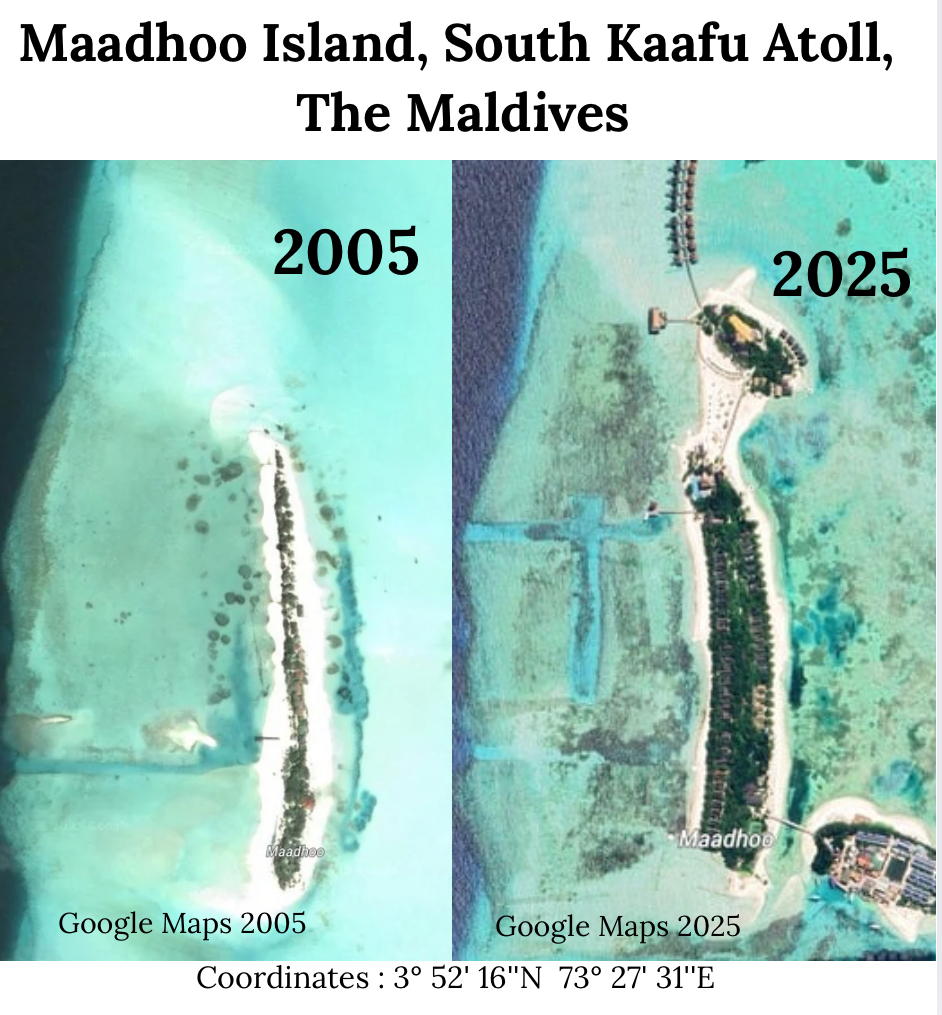 Here’s an image that the ABC will never publish, however it will be in my upcoming book "OUR CHANGING COASTS”

Maadhoo Island, The Maldives taken straight from Google Earth 2005 and 2025. 

The climate grifters tell you The Maldives in sinking under rising seas (and it’s all your