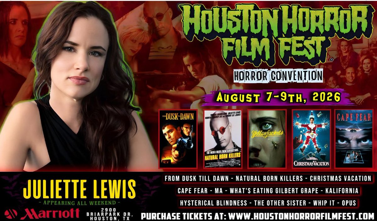 JonKalnas's tweet image. Houston Horror Fest in August 2026! Starting off the announcements with a bang! #juliettelewis #Jamiepresley #horrorfest