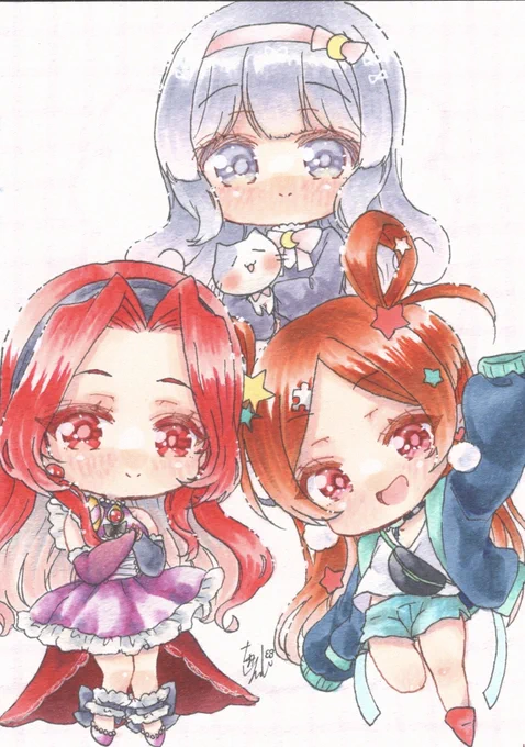 みなせりっかさん( )家のりぶらちゃん&らふちゃん、 シギノヤキさん( )家の鳴瀬ちゃん、 菅田おこさん( )家のレディレッドちゃん 描きました 魔法少女みたいな可愛い3人描いてて楽しかったです #うちの子チェンジタイム