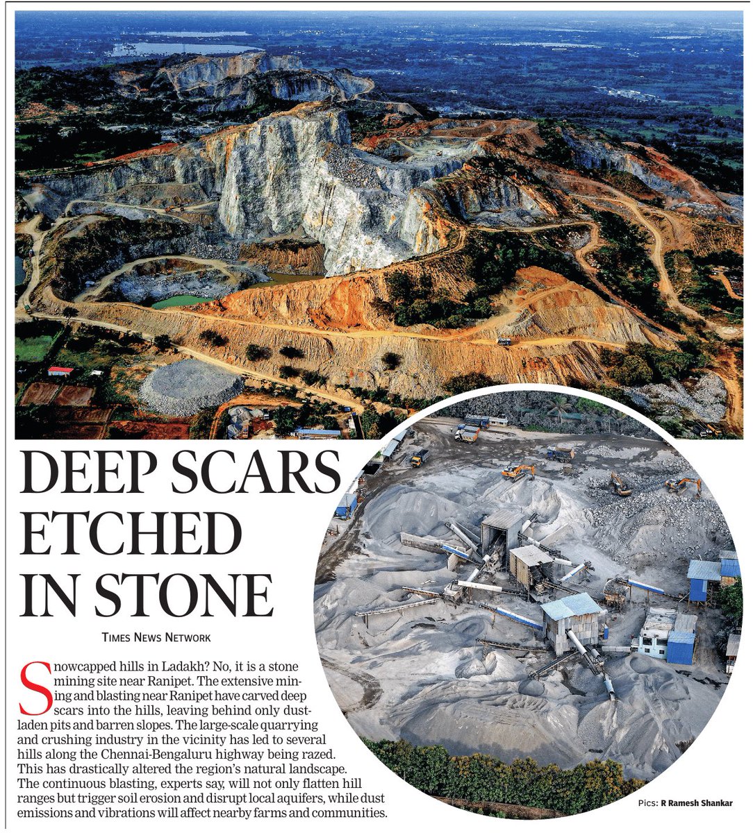 Looks like snowcapped hills in Ladhak? No, it is near Ranipet in Tamil Nadu. The extensive  mining and blasting near Ranipet has carved deep scars into the hills, leaving behind only dust-laden pits and barren slopes. The large-scale quarrying and crushing industry in the