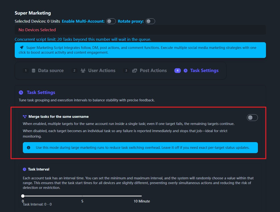 🚀 Super Marketing Script — Upcoming Feature Preview  

🧩 Merge Tasks for the Same Username  

#TikMatrix #IGMatrix #SuperMarketing #UpdatePreview #AutomationTools