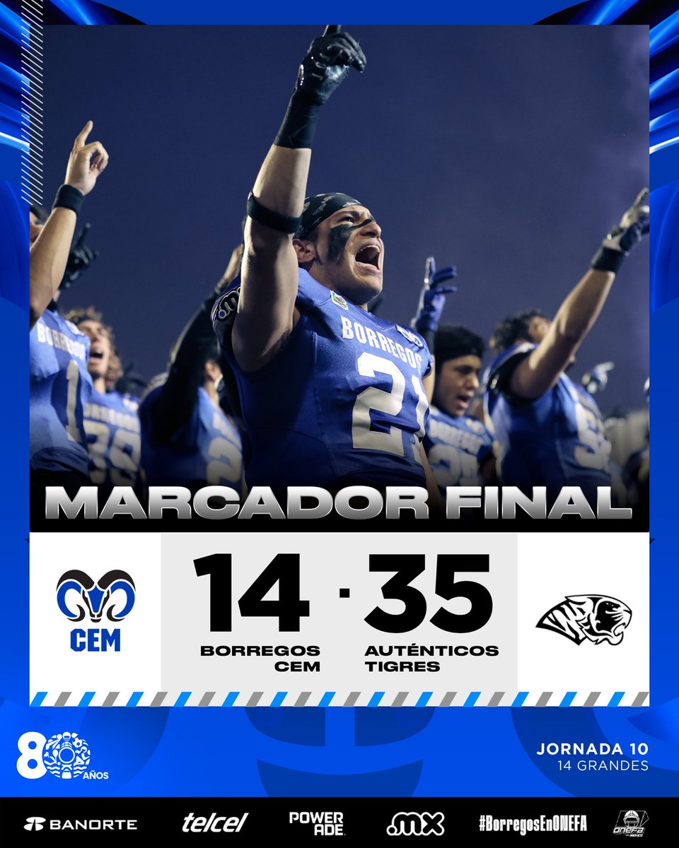 ITESMCEM's tweet photo. ¡Así termina el marcador de nuestro partido Borregos CEM vs Auténticos Tigres! Nuestros @BorregosCem lo dieron todo en el campo!🏈💙 #BorregosEnONEFA #OrgulloCEM https://t.co/dwQ2Fm0BIt
