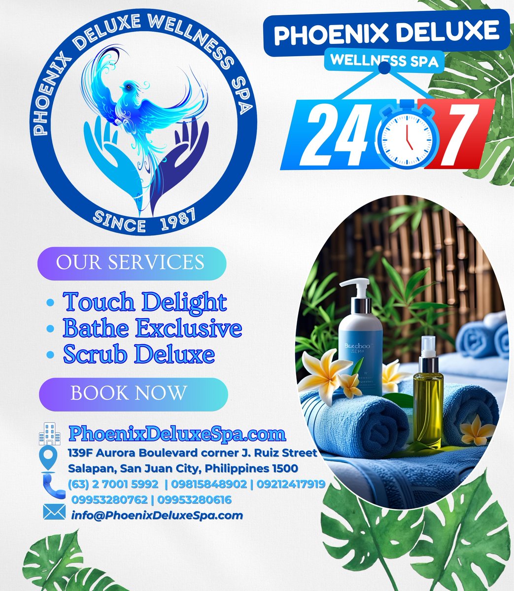 PhoenixDeluxe87's tweet photo. 💎 Where Every Touch Feels Like a New Beginning 
🌐 Online Booking: https://t.co/SC34d72TYL  
✨ Phoenix Deluxe Wellness Spa — Since 1987 

From the moment you step inside Phoenix Deluxe Wellness Spa, peace welcomes you — softly, warmly, and completely. 🌸
Because here, it’s not just about massage… it’s about healing, renewal, and the art of caring through touch.

💖 Our Signature Spa Experiences:

🌿 Touch Delight – A soothing Full-Body Massage blending Swedish & Shiatsu techniques for deep relaxation and balance.

💦 Bathe Exclusive – A refreshing HydroWash experience where your masseur gently bathes you, followed by a luxurious full-body massage.

✨ Scrub Deluxe – Our all-in-one premium pampering: body scrub, body wash, and massage — for skin that glows and a soul that rests.

🕐 Open 24/7 — because your comfort shouldn’t wait.
Whether after a long day at work, a late-night shift, or a weekend unwind, our doors are always open to welcome you home to peace.

📍 Visit Us:
Arle Building, 139 F. Aurora Blvd. corner J. Ruiz Street, Salapan, San Juan City
(Just a few steps from J. Ruiz LRT Station, beside Shell Gas Station)

🅿️ Free Parking for PDS Clients (in front of AlMike Bar beside J. Ruiz LRT)

📞 Book Now & Feel the Difference:
0981-584-8902 | 0921-241-7919 | 02-7001-5992
0995-328-0762 | 0995-328-0616

Let your body rest.
Let your soul breathe.
Because at Phoenix Deluxe Wellness Spa, every touch is a promise — to revive your strength, your beauty, and your spirit. 💙

#PhoenixDeluxeWellnessSpa #SpaDayManila #LuxuryMassage #SanJuanSpa #24HourSpa #TouchDelight #BatheExclusive #ScrubDeluxe #WellnessJourney #HealingHandsPhilippines