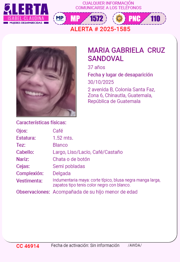 isabel_claudina's tweet photo. #AlertaIsabelClaudina
🚨 Ayúdenos a encontrar a
MARIA GABRIELA CRUZ SANDOVAL
Desapareció el 30 de octubre del año  2025
Cualquier información comunicarse al teléfono 📞 1572
Gracias por difundir esta información❗ https://t.co/ZOA5C10RTG