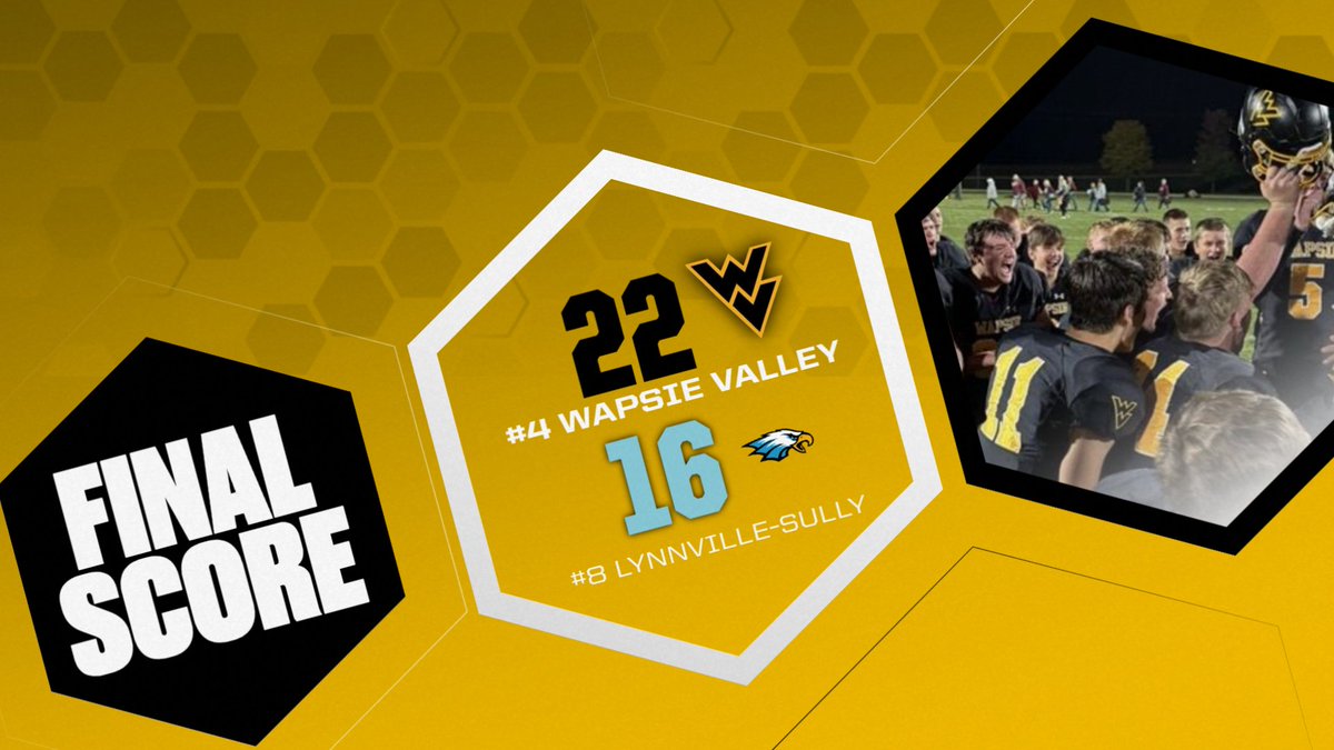IHSAA Class A Playoffs - Quarterfinals
🏈 | FINAL
#4 Wapsie Valley - 22
#8 Lynnville-Sully - 16

The Warriors are DOME BOUND!
#WarriorPride #WVFB #iahsfb