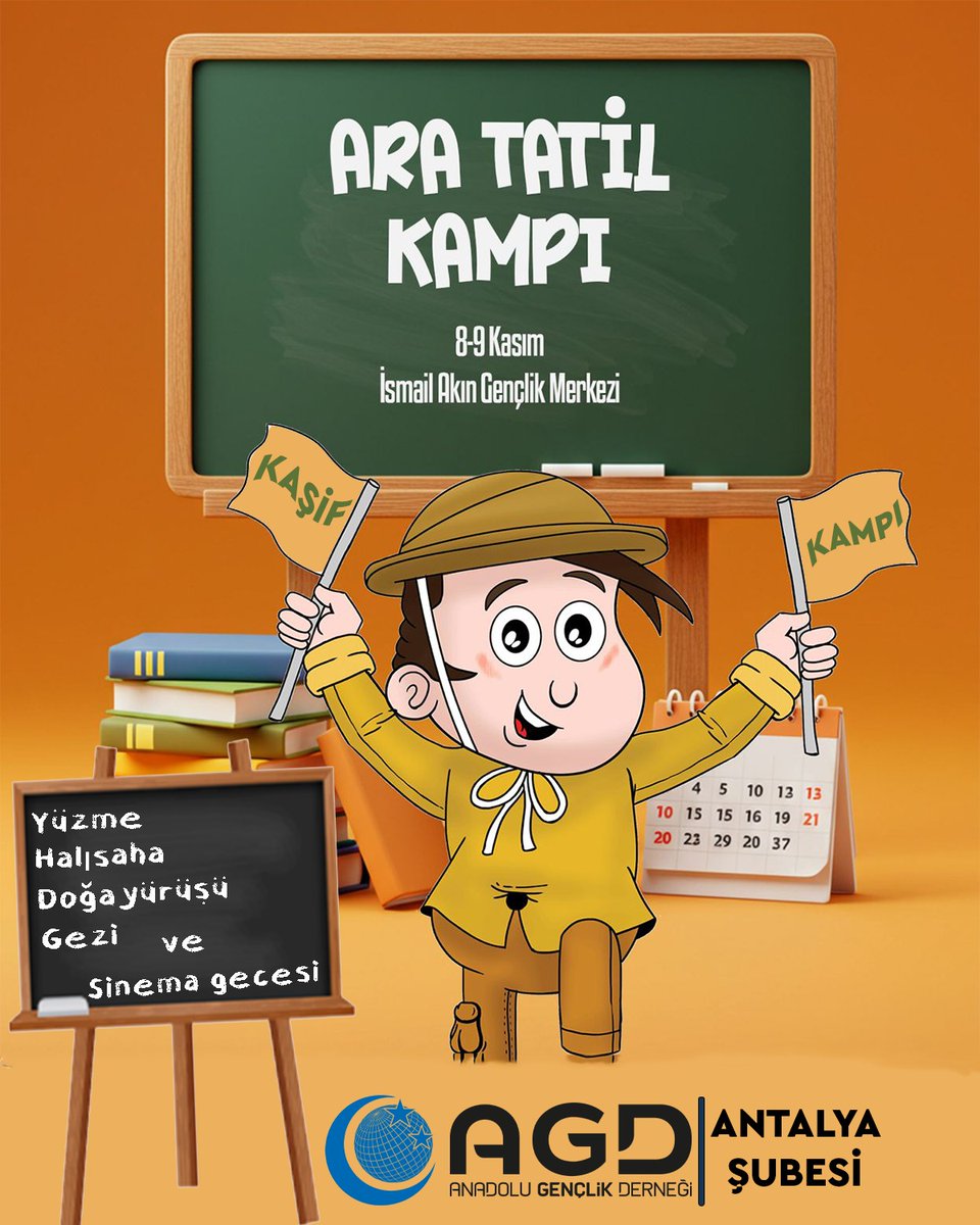 🎉 Tatil geldi,eğlence başladı!
AGD Antalya Şubesi olarak Ara Tatil Kampı'na bugün başlıyoruz.
Oyunlar,yarışmalar,kardeşlik ve dopdolu bir program.
📅 8-9 Kasım
📍 İsmail Akın Gençlik Merkezi
Bu tatil,unutulmaz bir anıya dönüşsün! 🌟 #AraTatilKampı
#GençlikZamanı
#KaşifGrupları