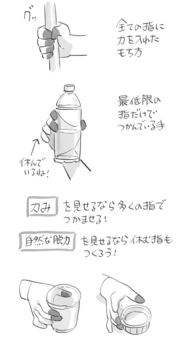 物を持つポーズを描く時は、全ての指を力ませるのではなく『休んでいる指』も作ることで自然に見えたり、持ち方のバリエーションも出せるのでおすすめです🖐️ 