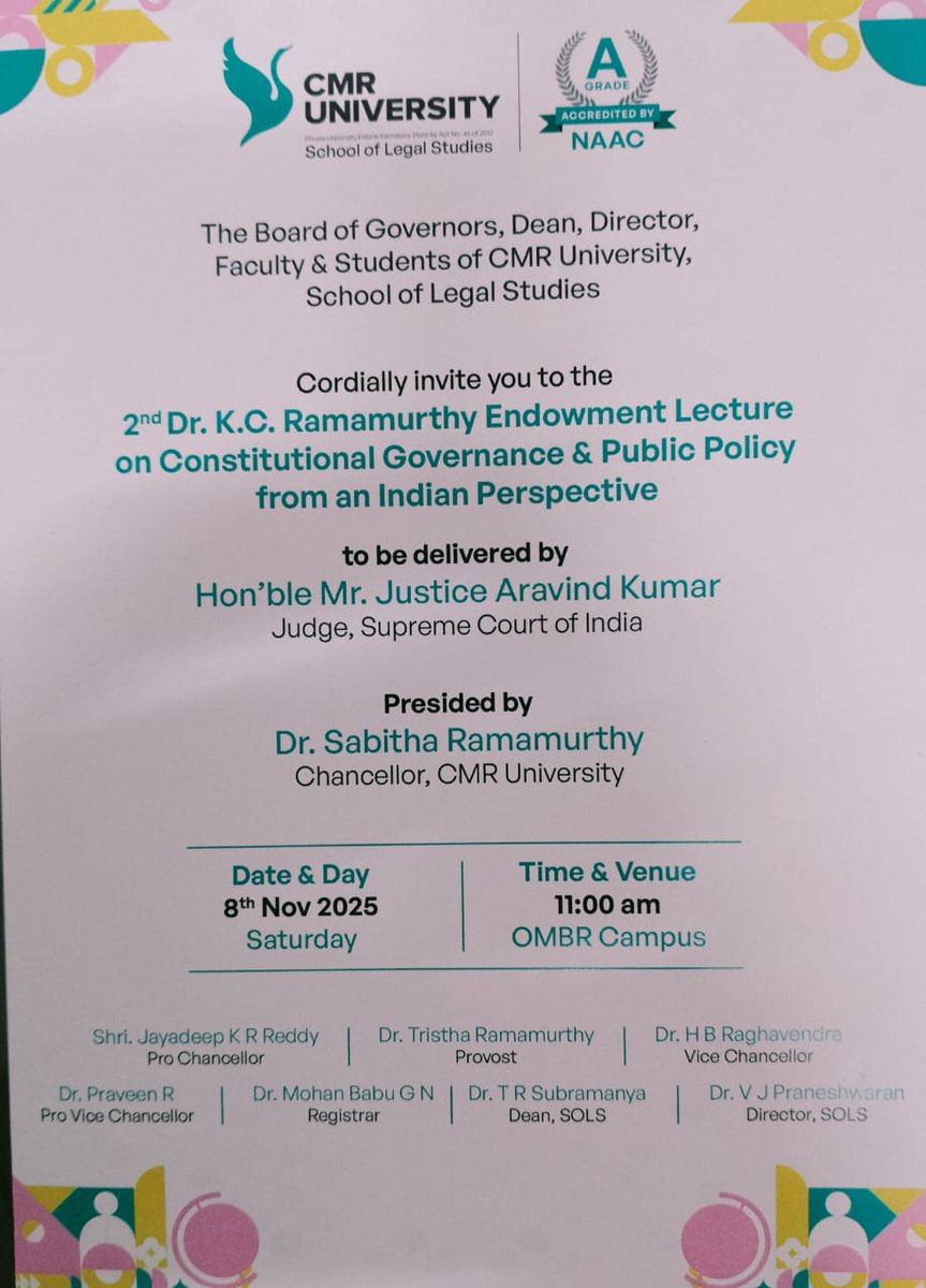 The School of Legal Studies is organizing the “Dr. K.C. Ramamurthy Endowment Lecture” on Constitutional Governance and Public Policy: An Indian Perspective, to be delivered by Hon’ble Mr. Justice Aravind Kumar, Judge, Supreme Court of India.