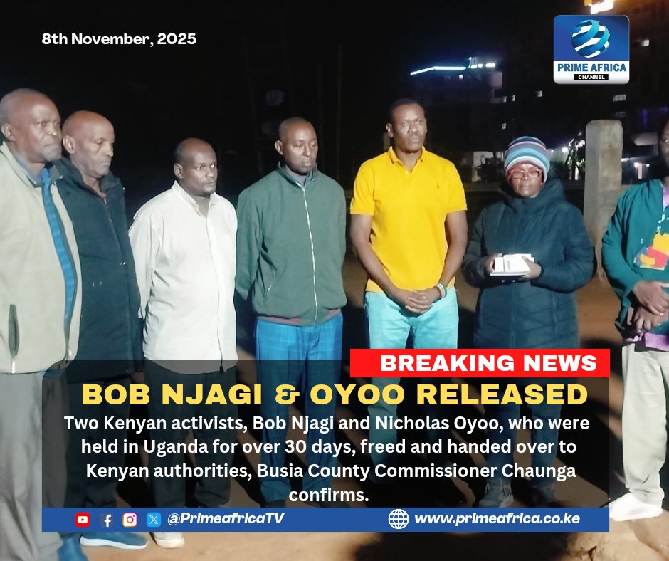 Two Kenyan activists, Bob Njagi and Nicholas Oyoo, who were held in Uganda for over 30 days, freed and handed over to Kenyan authorities, Busia County Commissioner Chaunga confirms.
#PrimeAfricanews