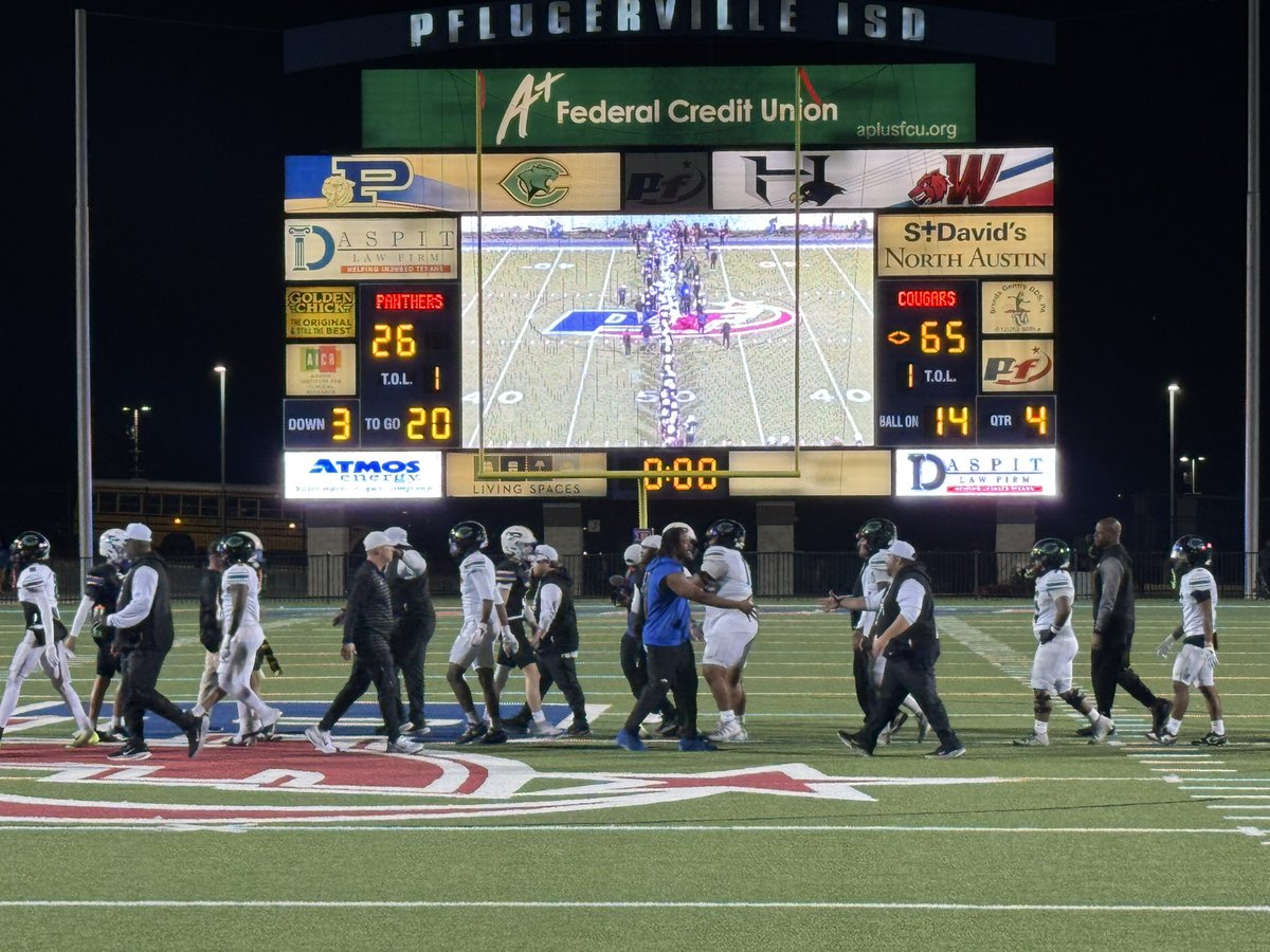 Final from the Pfield!  <a href="/ConnallyFb/">Connally Football</a> 65 <a href="/PF_HighFootball/">Pflugerville High School Football</a> 26. Congratulations to both teams for qualifying for the playoffs!  Go Cougars and Go Panthers! <a href="/PfISDAthletics/">PfISD Athletics</a>