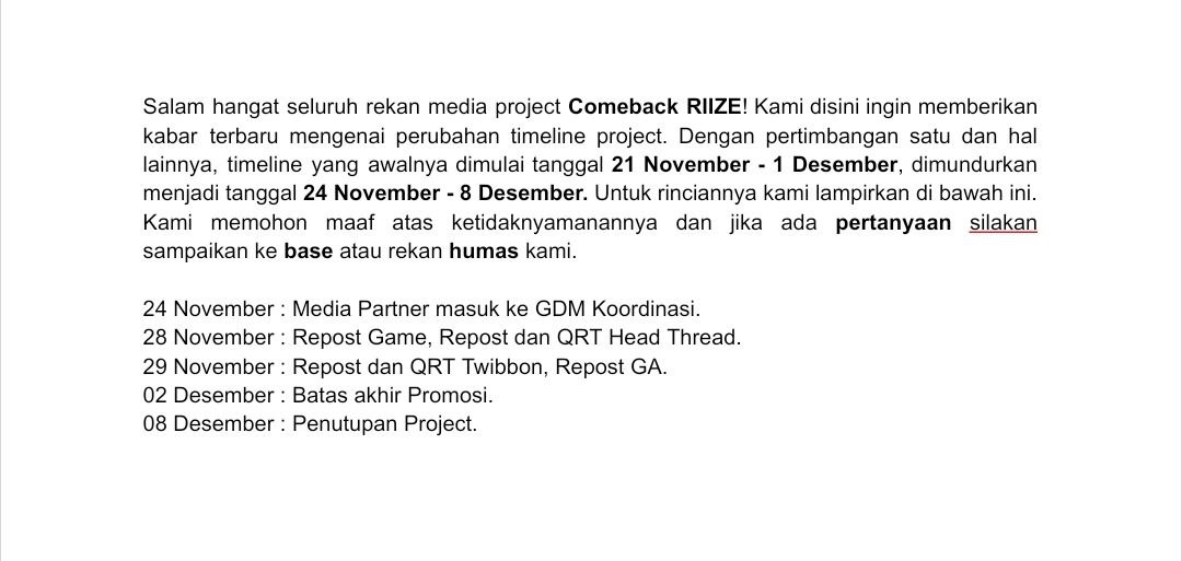 THERIIZEs's tweet image. ㅤㅤ
📢 Notice for all media partners and participants.

we would like to share an update regarding the Comeback RIIZE Project. The project timeline has been slightly rescheduled. Repost would be appreciated, thank you.
ᅠᅠ