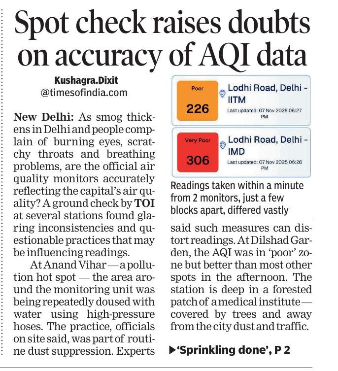 Warriormomsin's tweet photo. Eyes burning, throats sore, but AQI readings don’t always match what we citizens are feeling.

@kush_junglee with @timesofindia team’s spot checks found water sprinkling & sheltered monitoring sites possibly skewing air quality data.

“Are we cleaning the air or the data?” @BhavreenMK 

https://t.co/tPOZAUYA1Y 

@Sonal_MK @Nidhi @Smita_Sharma