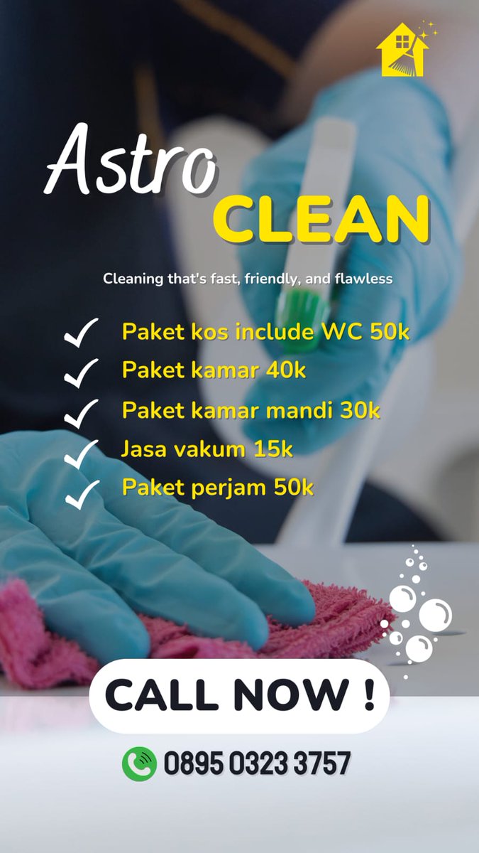 Astro_Clean2's tweet image. Lelah kuliah seharian? Tidak punya waktu untuk membereskan rumah atau kamar kos? Astro clean soalnya 😻 hanya dengan 50K kamar kamu sudah bersih dan rapi buruan order 089503233757