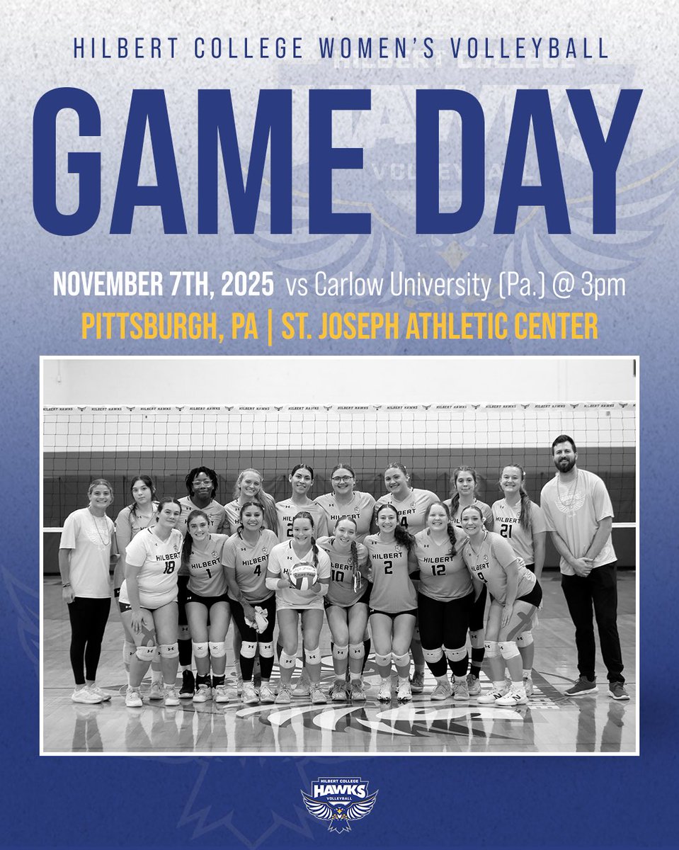 The Hawks are on the road for their final game of the regular season against AMCC opponent Carlow!!! Game starts at 3pm!!! 💙🤍💛🩶🖤 #hawkyeah #rollbirds #gobirds #volleyball #womensvolleyball #ncaa #ncaavolleyball #ncaavb #ncaawomensvolleyball #ncaad3 #ncaadivision3