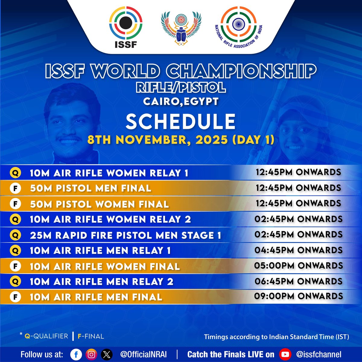 OfficialNRAI's tweet image. The guns 🔫 are ready to blaze in #Cairo 🇪🇬 . Four gold medals 🥇 to be decided on competition day one. Wishing our #ShootingStars 💫 🇮🇳 all the very best 👍. Here is how the day will play out…

#ISSFWorldChampionship #ISSFWCH #Rifle #Pistol #Shooting #TeamIndia #India